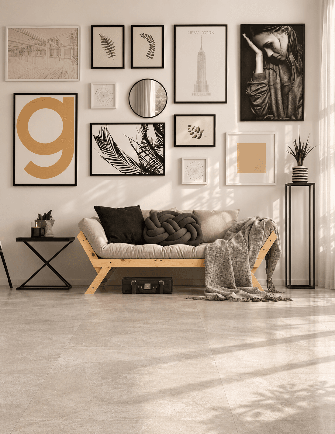 Sunlit contemporary living room with a gallery wall and porcelain tiled floor