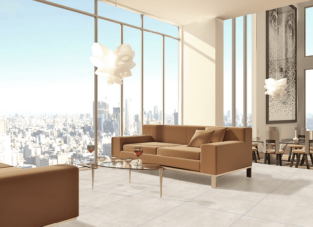 Sunlit contemporary living room with large-format porcelain floor tiles