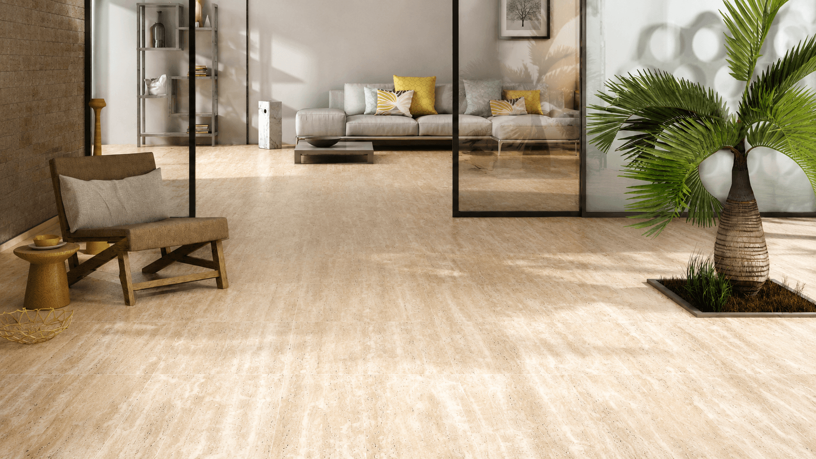 Sunlit contemporary living space with warm travertine-look porcelain floor tiles
